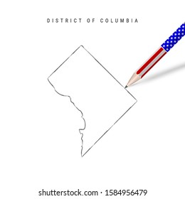 District of Columbia US state vector map pencil sketch. Washington, D.C. outline contour map with 3D pencil in american flag colors. Freehand drawing vector, hand drawn sketch isolated on white.
