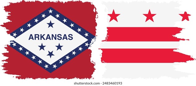 District of Columbia USA - Washington, DC and Arkansas state grunge brush flags connection, vector