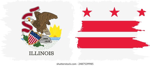 District of Columbia USA - Washington, DC and Illinois state grunge brush flags connection, vector