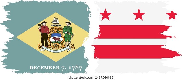 District of Columbia USA - Washington, DC and Delaware state grunge brush flags connection, vector