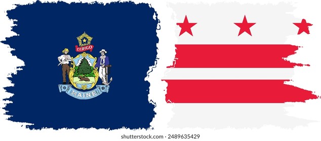District of Columbia USA - Washington, DC and Maine state grunge brush flags connection, vector