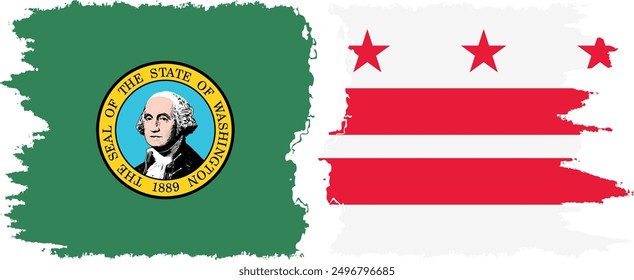 District of Columbia USA - Washington, DC and Washington state grunge brush flags connection, vector