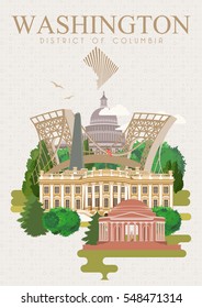 District Of Columbia Vector American Poster. USA Travel Illustration. United States Of America Colorful Greeting Card. Washington DC