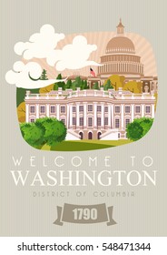 District Of Columbia Vector American Poster. USA Travel Illustration. United States Of America Colorful Greeting Card. Washington DC