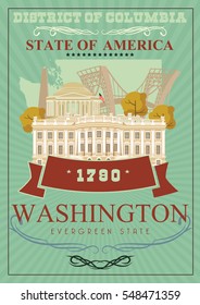 District of Columbia vector american poster. USA travel illustration. United States of America colorful greeting card. Washington DC