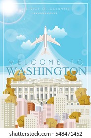 District Of Columbia Vector American Poster. USA Travel Illustration. United States Of America Colorful Greeting Card. Washington DC