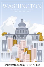 District Of Columbia Vector American Poster. USA Travel Illustration. United States Of America Colorful Greeting Card. Washington DC