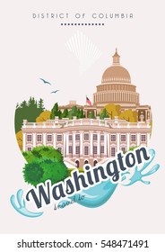 District Of Columbia Vector American Poster. USA Travel Illustration. United States Of America Colorful Greeting Card. Washington DC