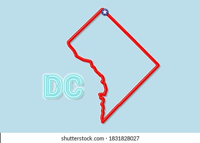 District of Columbia or Washington DC bold outline map. Glossy red border with soft shadow. Two letter abbreviation. Vector illustration.