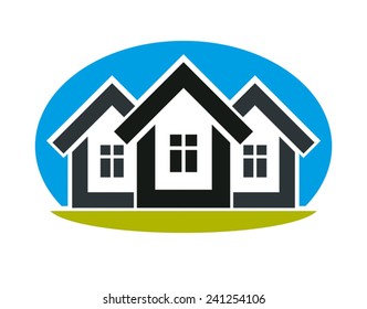 District conceptual illustration, three simple houses. Houses art picture, real estate theme. 
