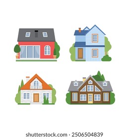 District houses isolated on white background. Flat vector illustration, Isolated cartoon houses set Simple suburban houses Concept of real estate property and ownership. Set of house.