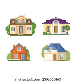 District houses isolated on white background. Flat vector illustration, Isolated cartoon houses set Simple suburban houses Concept of real estate property and ownership. Set of house.