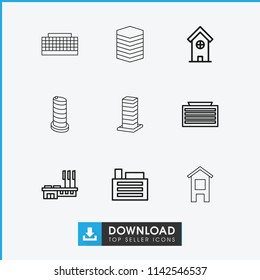 District icon. collection of 9 district outline icons such as business center building. editable district icons for web and mobile.