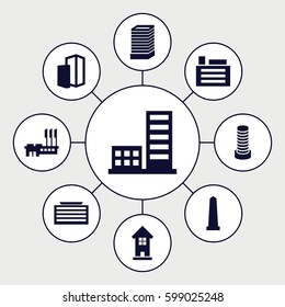 district icons set. Set of 9 district filled icons such as business center building, monument
