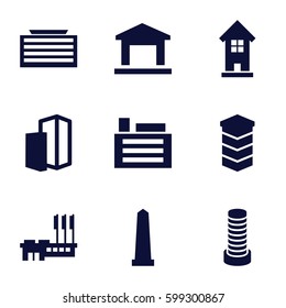 district icons set. Set of 9 district filled icons such as business center building, monument