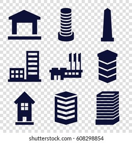 District icons set. set of 9 district filled icons such as business center building, monument