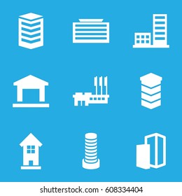 District icons set. set of 9 district filled icons such as business center building