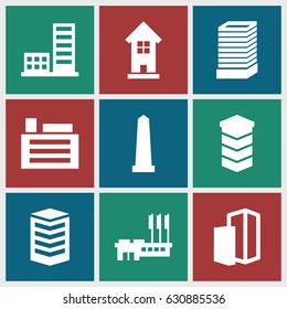 District icons set. set of 9 district filled icons such as business center building, monument