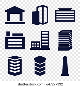 District icons set. set of 9 district filled icons such as business center building, monument