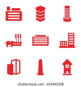 District icons set. set of 9 district filled icons such as business center building, monument