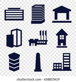 District icons set. set of 9 district filled icons such as business center building, monument