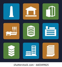 District icons set. set of 9 district filled icons such as business center building, monument