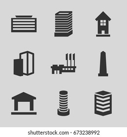 District icons set. set of 9 district filled icons such as business center building, monument