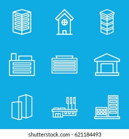 District icons set. set of 9 district outline icons such as business center building