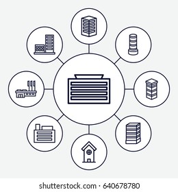 District icons set. set of 9 district outline icons such as business center building