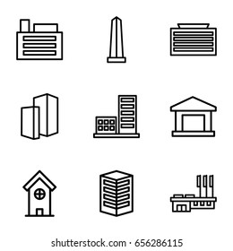 District icons set. set of 9 district outline icons such as business center building, monument