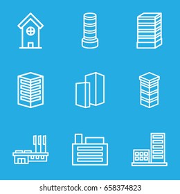 District icons set. set of 9 district outline icons such as business center building