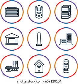 District icons set. set of 9 district outline icons such as business center building, monument