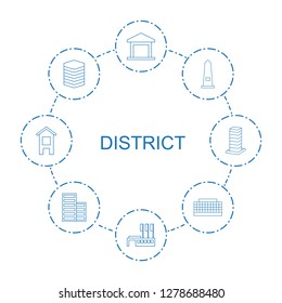 district icons. Trendy 8 district icons. Contain icons such as building, monument, business center building. district icon for web and mobile.