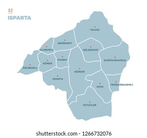 District map of Isparta Province, Turkey