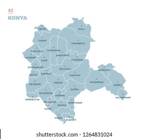District map of Konya Province, Turkey.