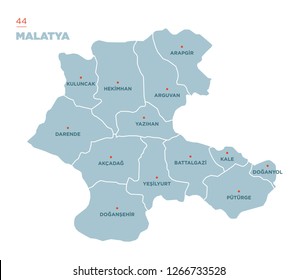 District map of Malatya Province, Turkey