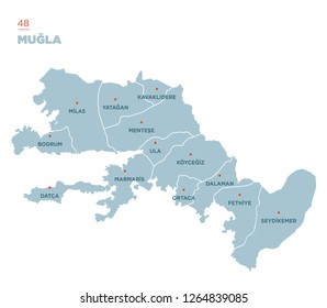 District map of Mugla Province, Turkey.