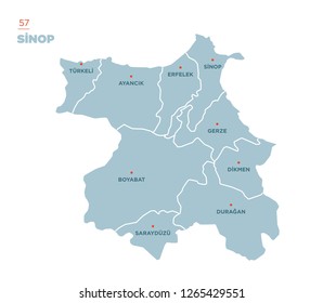 District map of Sinop Province, Turkey.