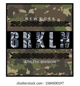 District of New York. Brooklyn, abbreviated "BRKLN"- typography for design clothes with camouflage texture, athletic t-shirt. Graphics for print product, apparel. Badge for original sportswear. Vector