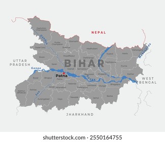 Mapa de distrito y río de Bihar con el estado y país vecinos