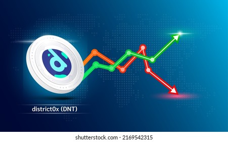 District0x coin white. Cryptocurrency token symbol with stock market investment trading graph green and red. Economic trends business concept. 3D Vector illustration.