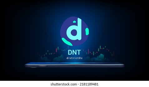 district0x cryptocurrency symbol come out from smartphone with growth chart. Trading crypto currency on application. Financial investment banner for news or website. Icon coin token vector EPS10.