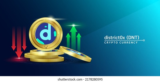 district0x token cryptocurrency banner. Future currency on blockchain stock market with red-green arrows up and down. Gold coins crypto currencies. Banner for news on a solid background. 3D Vector.