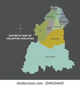 Mapa de distritos de Kelantan, Malasia. Distritos de Kelantan generalmente conocidos como jajahan.