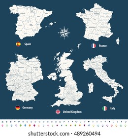 district;s maps of of Italy, Spain,Germany, United Kingdom and France with flags and location icons. All layers detachable and labeled. Vector