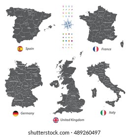 district's maps of of Italy, Spain,Germany, United Kingdom and France with flags and location icons. All layers detachable and labeled. Vector