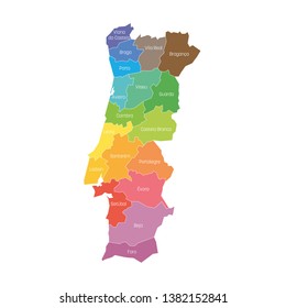 Districts of Portugal. Map of regional country administrative divisions. Colorful vector illustration.