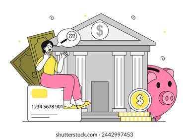 Distrito de bancos lineal. Mujer con tarjeta de crédito cerca del edificio bancario. Hucha con monedas de oro. Alfabetización financiera y ahorro. Ilustración plana simple del vector aislada en el fondo blanco