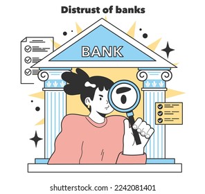 Distrust of banks for small business. Concern about starting and developing a new start-up, local business. Independent business potential for growth or decline. Flat Vector Illustration