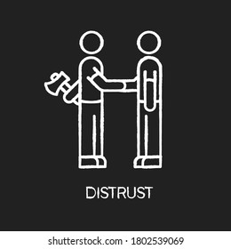 Distrust chalk white icon on black background. Lack of trust, insecurity, betrayal. Negative mindset. Untrustworthy behaviour. Shaking hands with traitor isolated vector chalkboard illustration
